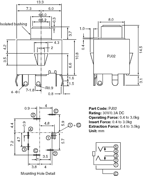 PJ02 headset jack dimension drawing