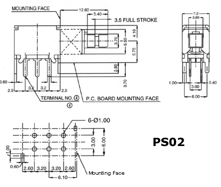 PS02 miniature alternate action pushbutton switch dimension drawing