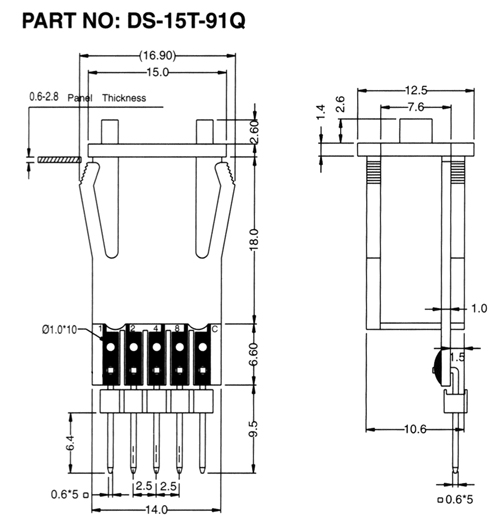 DS15T91Q pushwheel switch with header dimensional drawing