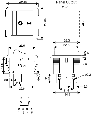 BR21-2BB double pole single throw DPST on-off rocker switches - dimension drawing