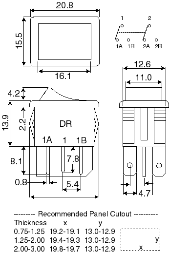 DR double pole rocker switch - dimension drawing