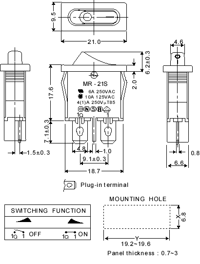 SPST MR21S miniature rocker switche - dimension drawing