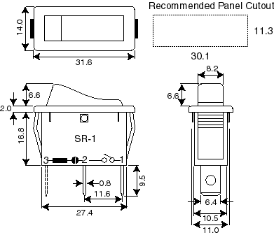 SR-1series illuminated on-off / non illuminated on-off-on rocker switches - dimension drawing