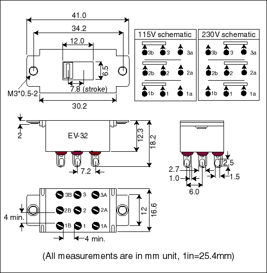 Three pole double throw 3pdt Voltage selector switch EV_32 dimension drawing