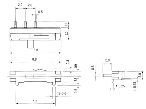 Momentary contact SMT slide switch SL101 dimensional drawing