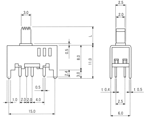 3 position miniature slide switch SL105 dimensional drawing
