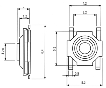 TA12 low profile water proof tact switch - dimensional drawing